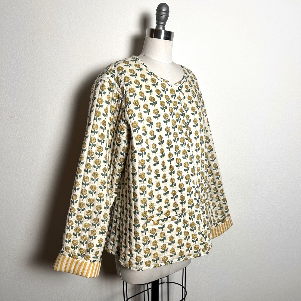 Japna Yellow Cotton Floral Quilted Shacket Boxy Front Pocket Jacket Women XL